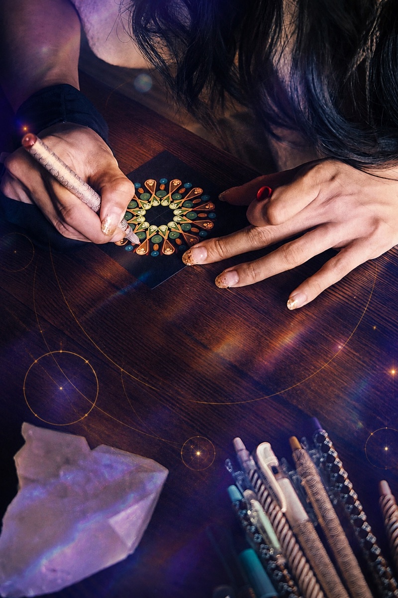曼荼羅を描く手元 - 一点ずつ色を重ねるで描く技法